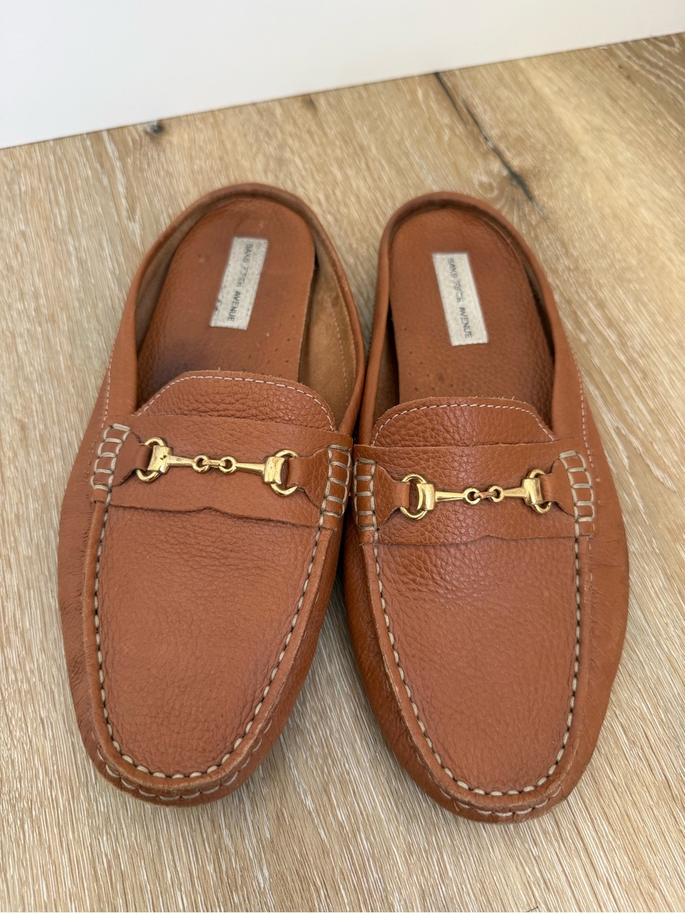 Women’s Saks Fifth Avenue Brown Leather Horsebit Loafers Mule Cognac 8.5